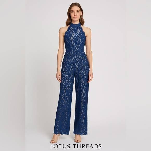 Lotus Threads Navy Blue Racerback Lace Jumpsuit Sleeveless Wide Leg - Picture 1 of 5